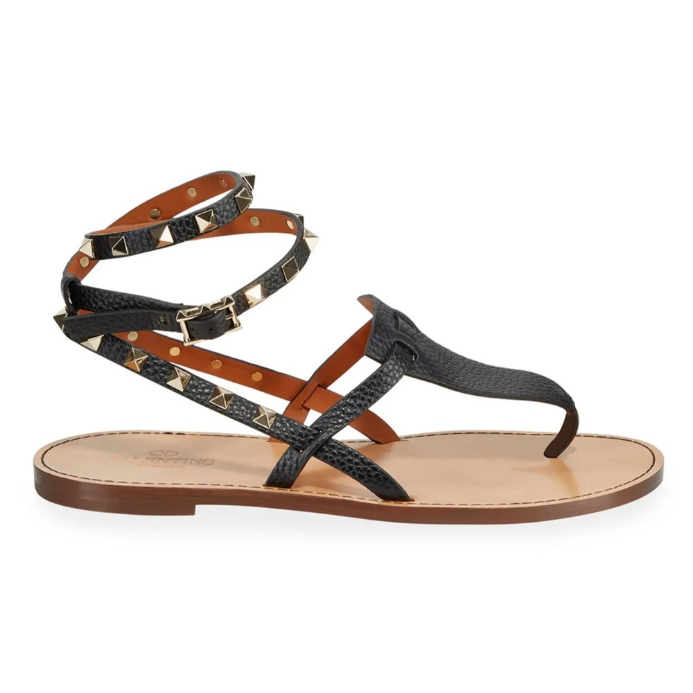 Valentino Garavani Rockstud Gladiator Thong Sandals Black Leather 38.5